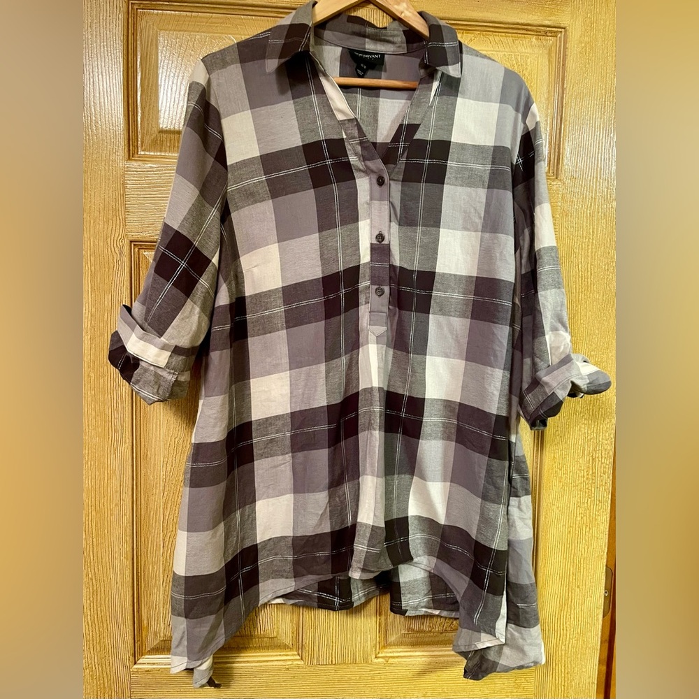 Lane Bryant Brown and Gray Plaid Button-Down Shirt with Metalic Detail 14/16